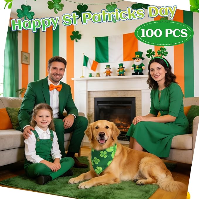 100 Pcs St. Patrick's Day Dog Bandanas Irish Pet Bandanas Bulk Holiday Green Four Leaf Clover Triangle Pet Bibs Scarf for Medium Large Dog St. Patricks Day Irish Festival Costume Decor