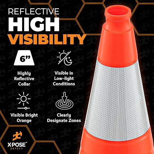 Xpose Safety 28 Inch Orange Traffic Cones with 6" Collar - 6 Pack Multipurpose PVC Plastic Safety Cone for Parking, Soccer, Caution, Kids and Construction - DOT Approved
