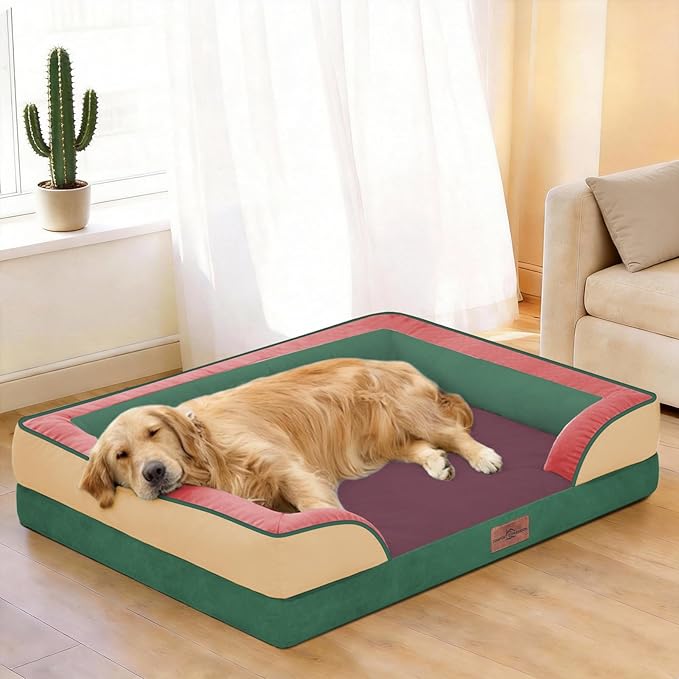 Comfort Expression Orthopedic Dog Bed for Extra Large Dogs 45x35 Inch, Waterproof Egg Crate Foam XL Pet Bed with Removable Bolsters, Dog Couch with Washable Cover & Non-Slip Bottom, Watermelon Meadow