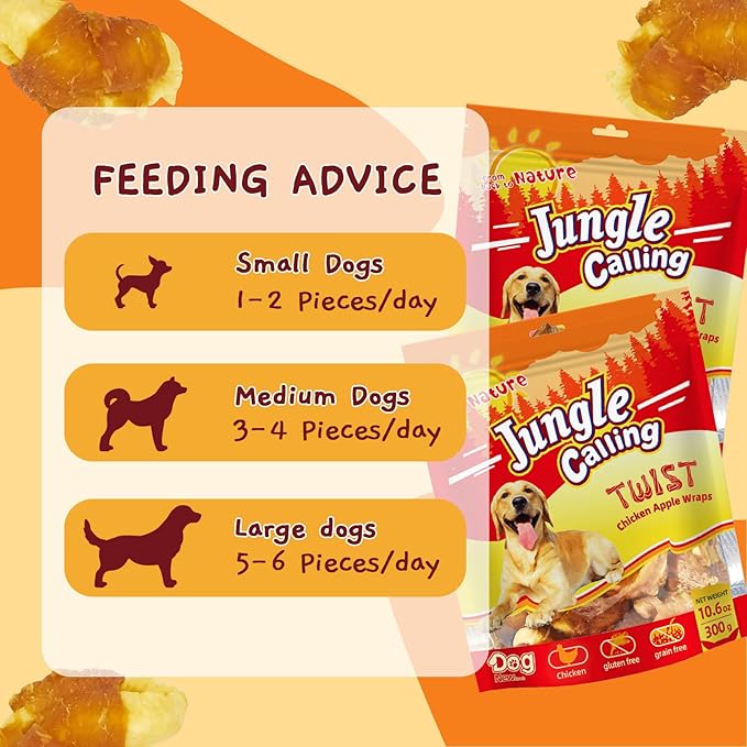 Jungle Calling Dog Treats, Skinless Chicken Wrapped Apple Treats, Gluten and Grain Free, Chewy Dog Bites for Balanced Nutrition, 10.6oz (Pack of 2)