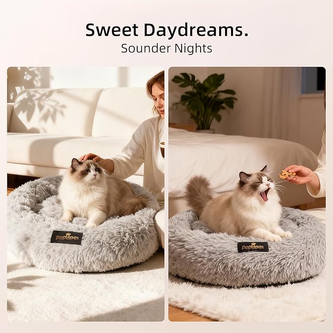 PaPaPet Premium Donut Cat&Dog Bed for Indoor Cats, Ultra Soft Washable Pet Bed for Puppy and Kitten, Plush Long Pile Faux Fur Fabric with Anti-Slip Bottom