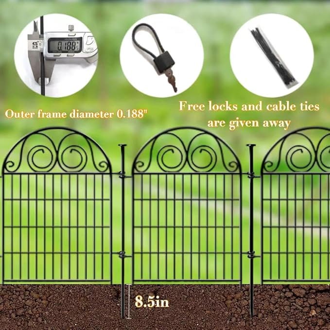 Tall Garden Animal Barrier Fence With Gate, 32 in(H)×27 in(L) 8 Panels Dog Digging Fencing Barrier, Black Metal Temporary Fence, Reusable Defense Fences For Outdoor Yard. Total 17.5 Ft│Patented