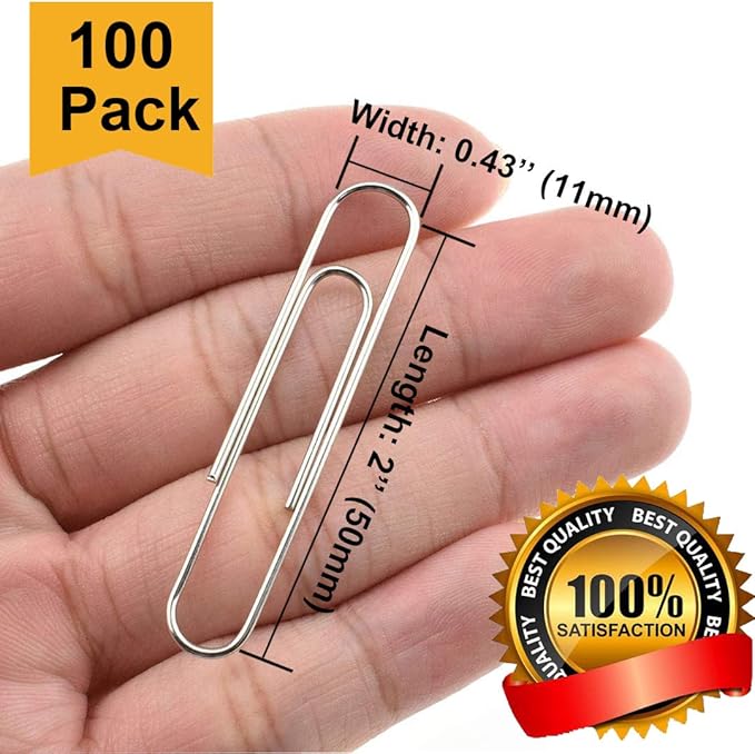 Vinaco Paper Clips Smooth Silver, 100 Pack Paper Clips Large 2Inch (50mm), Durable & Rust Resistant Coating. for Office, School Document Organizing
