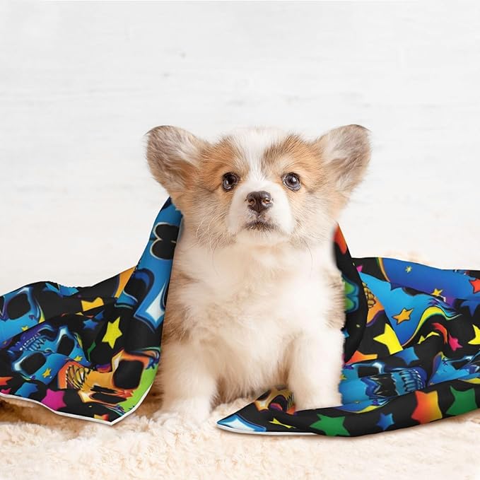 Reversible Dog Blanket for Beds Couches, Colorful Stars Neon Skulls, Double Sided Cat Blanket with Textured Dot Feel and Smooth Feel for Seasonal Comfort All Year