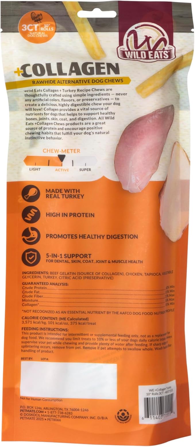 Wild Eats Turkey Flavor Collagen Retriever Style Cheek Rolls 10" Dog Chews-3 Pack (Long Lasting Dog Chews Treats & Bones for Medium Dogs) Substitute for Pig Ears for Dogs