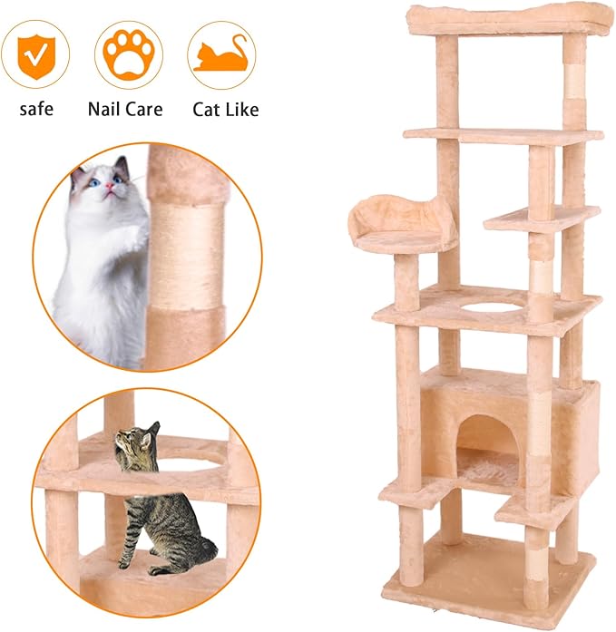 71'' Velvet Cat Climbing Frame, Multi-Level Cats Tree Tower with Scratching Posts, Large Top Padded Perch and Playhouse, Anti-Tipping Devices for Indoor Cats Activity Center (Cream White)