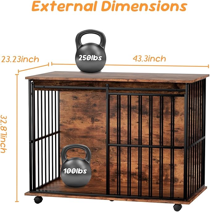 43.3" Dog Crate Furniture, Dog Kennel Indoor with Wheels for Large Medium Small Dogs, Wooden Dog Crate End Table with Sliding Door, Wooden Dog Kennel Furniture for Living Room, Bedroom