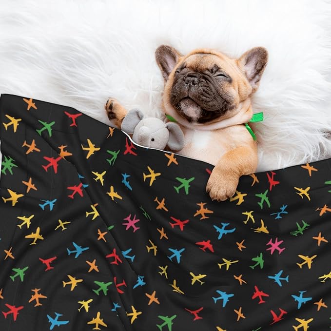 Double Sided Pet Throw for Dogs Who Shed, Colorful Aircraft Airplane Black, Reversible Blanket with Nubby Dot Side Catches Loose Fur for Easier Furniture Cleanup