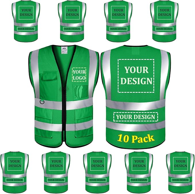 10 Pack Mesh Safety Vest Custom Logo High Visibility Reflective Vest with Pockets Security Work Vest（Green，XXL）