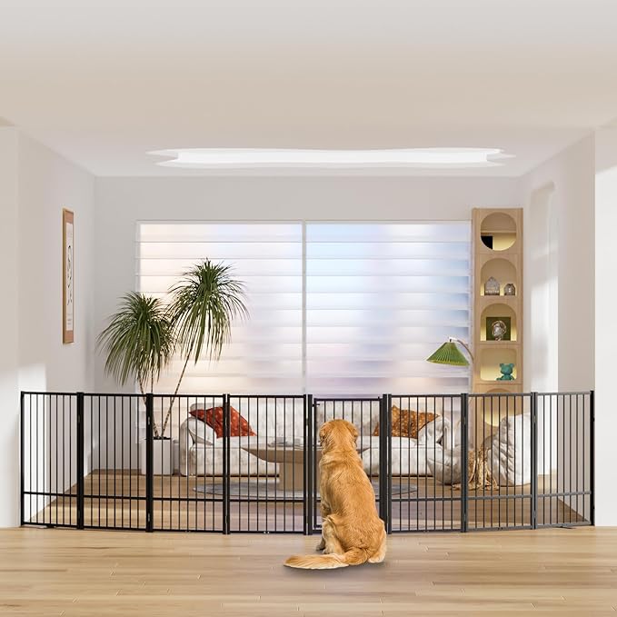 Full Metal Freestanding Dog Gate with Door, 36''Height Foldable Pet Dog Fence for Indoor & Outdoor, 8 Panels Extra Wide Free Standing TallDog Gates for Doorways,House,Stairs,Porch,Deck,Yard