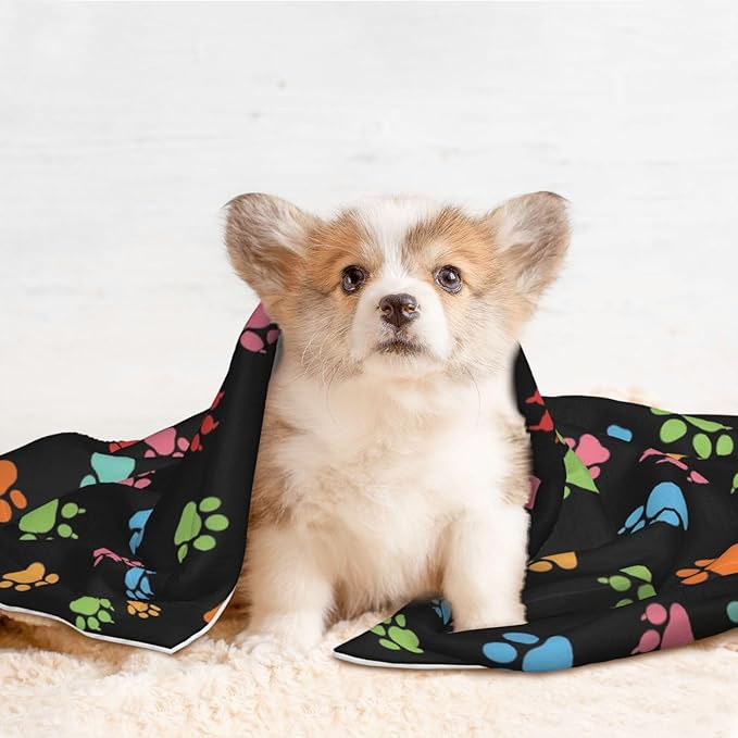 Double Sided Pet Mat for Dog Bed Topper Cat Blanket Furniture Protector, Pink Red Blue Green Dog Pug Paws, Reversible Plush with Tactile Dot Pattern for Style Change