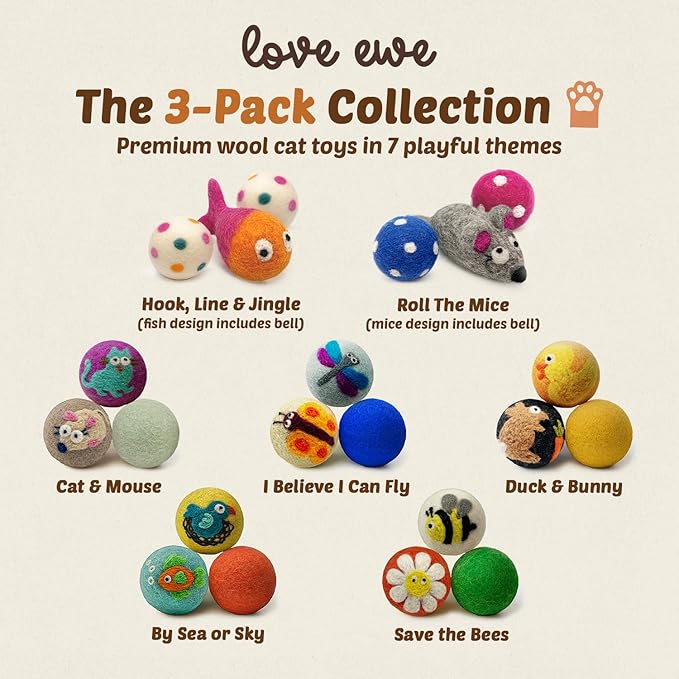 Hustle & Blush Love Ewe Felted Cat Toys 3 Pack - 2 Inch Fish & Bird Hand Made Cute & Fun Design Kitten Wool Felt Balls for Indoor Play & Exercise - 100% New Zealand Handmade - Holiday Pet