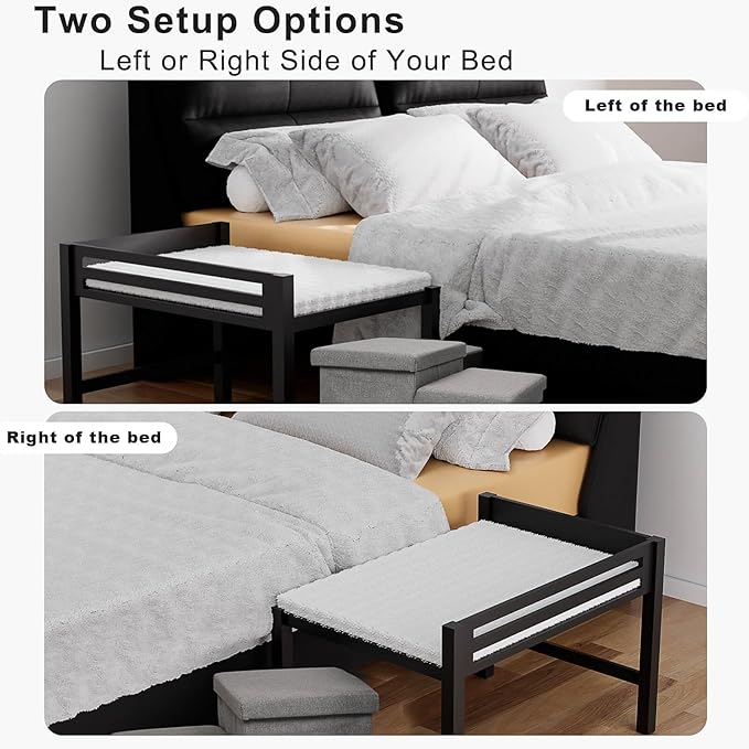 Bedside Dog Bed with Mattress - Raised Wooden Pet Cosleeper with Guardrail, Removable Mattress & 3-Step Foldable Stairs, Freestanding Bassinet-Style Elevated Dog Bed for Medium Sized Dogs