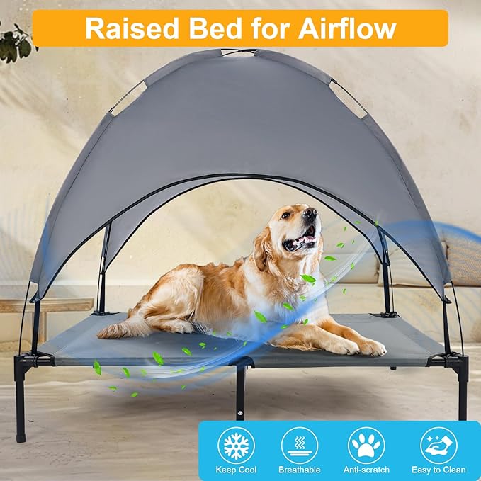 42'' Outdoor Elevated Dog Bed with Canopy, Raised Dogs Bed with Six Support Feet,Breathable Cooling Dog Cot Beds Medium Large Size Dogs,Outdoor Pet Hammock Beds,Outside Pet Beds with 4 Ice Pack(Large)