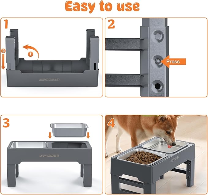 URPOWER Elevated Dog Bowls 4 Height Adjustable Raised Stand with 2 Large Stainless Steel Dog Food and Water Bowl for Small, Medium & Large Dogs