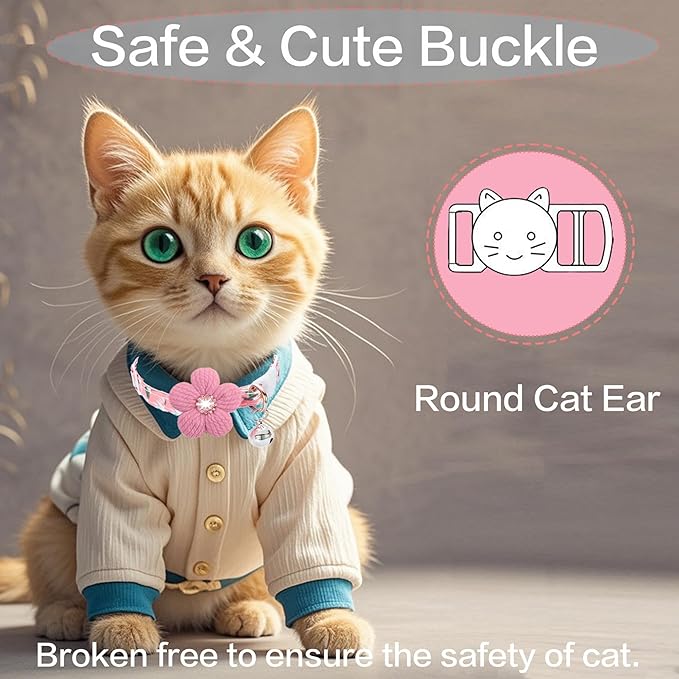Cat Collar, HYQHYX Breakaway Kitten Collar with Flower,Rhinestone Kitty Collar with Bell, Floral Pet Collar with Safety Buckle for Cats and Puppy Dog (Pink + Purple)