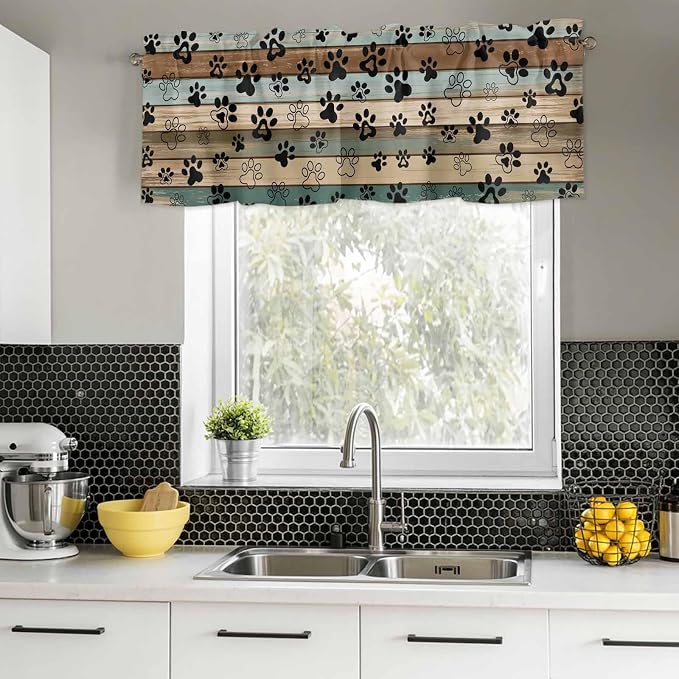 Dog Paws Valance Curtains for Kitchen, Teal Brown Wood Grain Privacy Rod Pocket