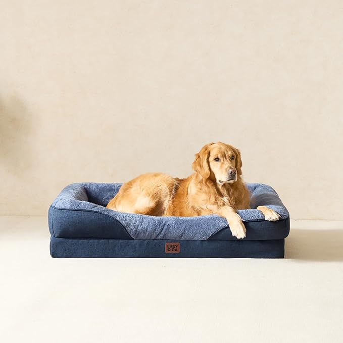 EHEYCIGA Orthopedic XL Dog Bed for Large Sized Dog, 42x30x7.5 Inch Extra Large Memory Foam Dog Couch Bed with Sides, Waterproof Liner & Washable Removable Cover, Bolster Pet Sofa, Navy