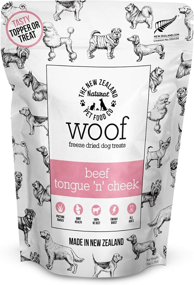 The New Zealand Natural Pet Food Co. WOOF Freeze Dried Dog Treats – Beef Tongue ’n’ Cheek, High Protein, Collagen Rich, Topper or Treat – 1.76 oz