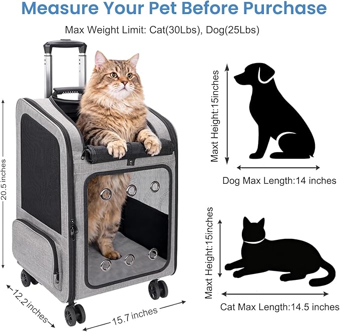 Extra Large Pet Carrier Backpack with Wheels Cats Under 30 Lbs, for Dogs Puppies Rabbits Other Animals Under 25 Lbs, Great for Travel/Hiking/Outdoor Use