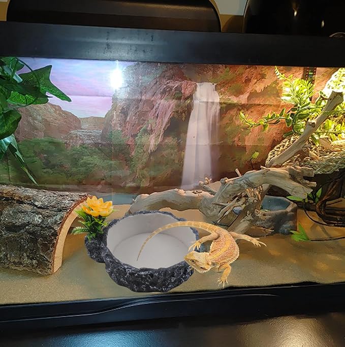 Reptile Food Bowl with Artificial Plant,Rock Reptile Water Dish Bearded Dragon Feed Terrariums Dish for Snake Tortoise Chameleon Hermit Crabs Turtle Leopard Gecko Frog