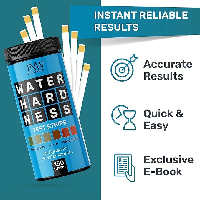Water Hardness Test Kit - Quick and Accurate Water Hardness Test Strips - Hard Water Test Kit with eBook - Ultimate Test Kit for Water Hardness - 150 Water Softener Test Strips by JNW Direct