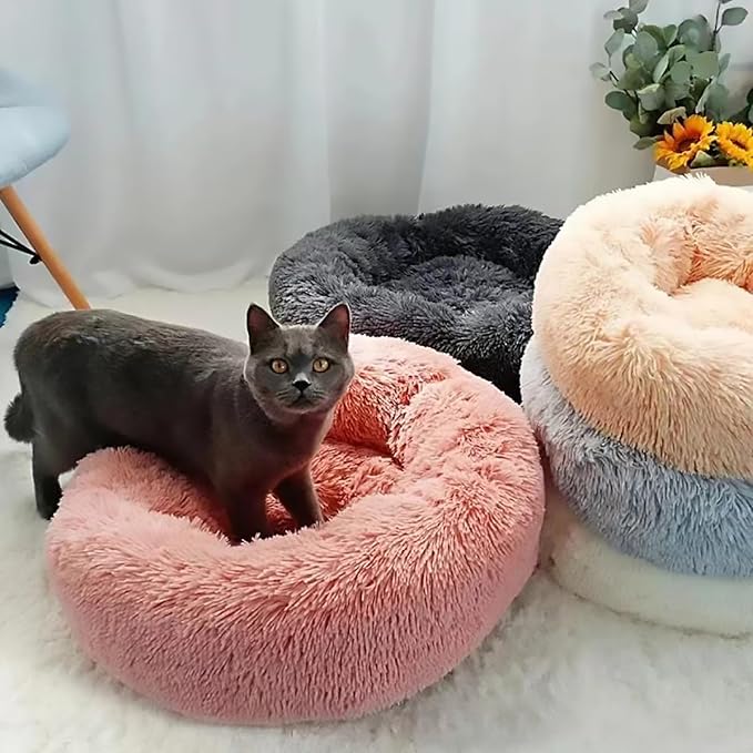 Calming Dog Bed for Small Dogs, Calming Donut Cuddler Pet Bed Anti Anxiety Round Dog Bed Fluffy Plush Faux Fur Cat Bed,Gradient Yellow,19.7IN