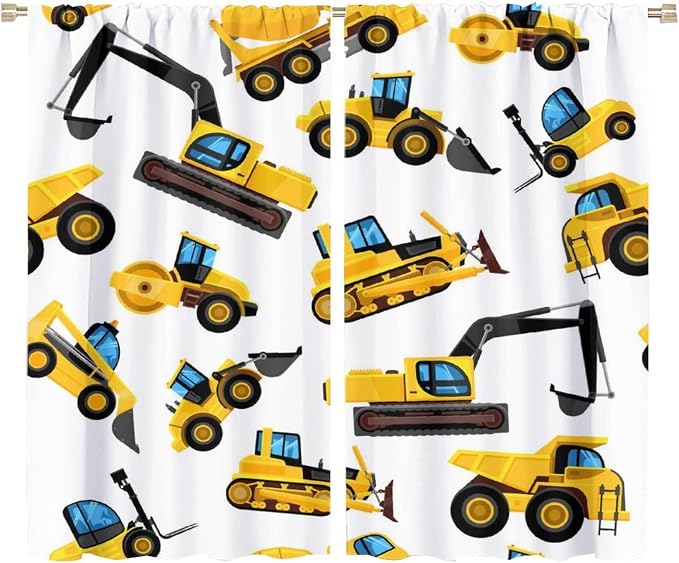 Kids Construction Equipment Window Curtains, Excavator Tractor Tow Truck Rod