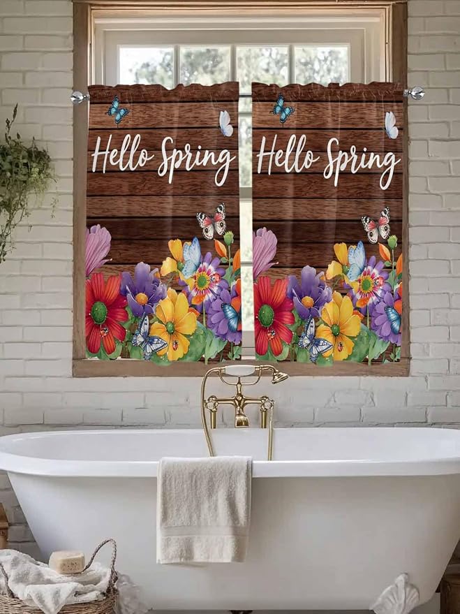 Spring Flowers Tier Curtains 45 Inches Long, Watercolor Farmhouse Colorful