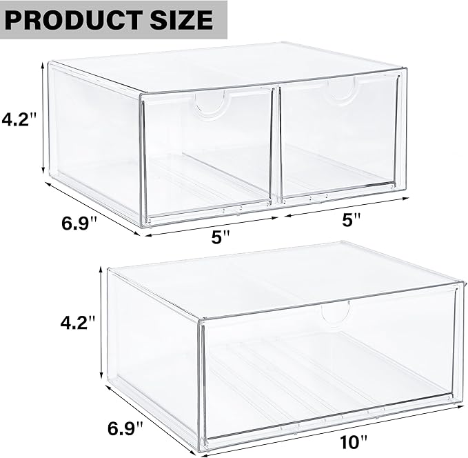 Prsildan Acrylic Drawer Makeup Organizer with 3 Drawers, Clear Stackable Storage for Baby Bottles, Craft, Jewelry & Hair Accessories, Multi-Use for Vanity, Countertop, Office Desk Organization