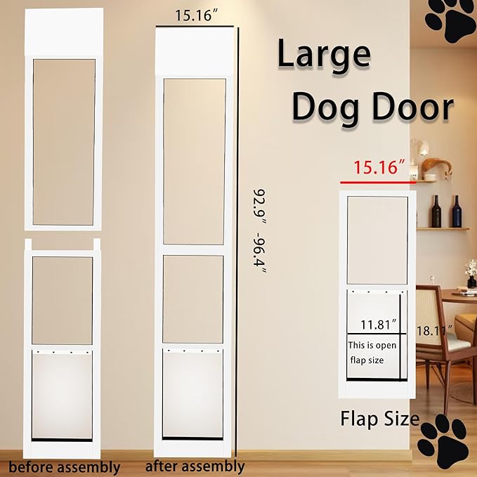 Large Sliding Glass Dog Door for Easy Installation Adjustable Height 92.9" to 96.4" Panel with Rotating Screws Suitable for Raised Sliding Glass Door Ideal for Pet Owners