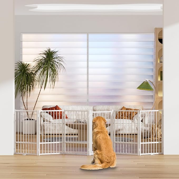 Full Metal Freestanding Dog Gate with Door, 32''Height Foldable Pet Dog Fence for Indoor & Outdoor, 6 Panels Extra Wide Free Standing TallDog Gates for Doorways,House,Stairs,Porch,Deck,Yard