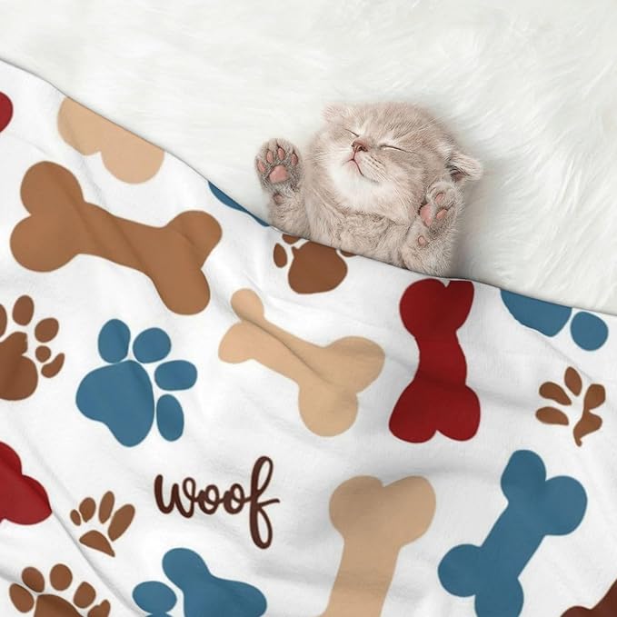 Pet Blanket for Travel and Home, Dog Bones Paw Prints Cream, Reversible Plush Dot Design with Soft Grip Texture on One Side Perfect for Car Seats Moving Vehicles