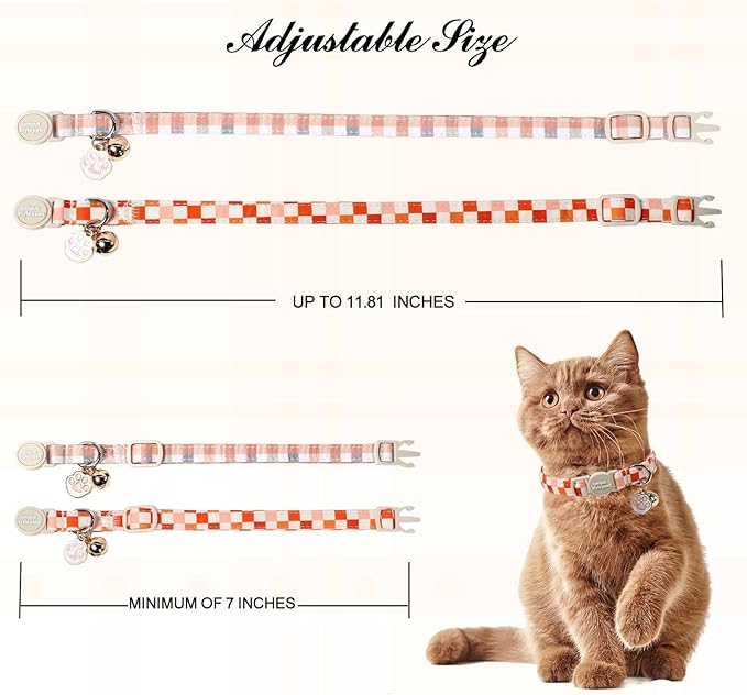 Unique Style Paws Orange Cat Collar,Cute Cat Collars with Checkboard Pattern,Orange Kitten Collar with Breakaway Buckle,Ideal Gift for Boy Girl Cats