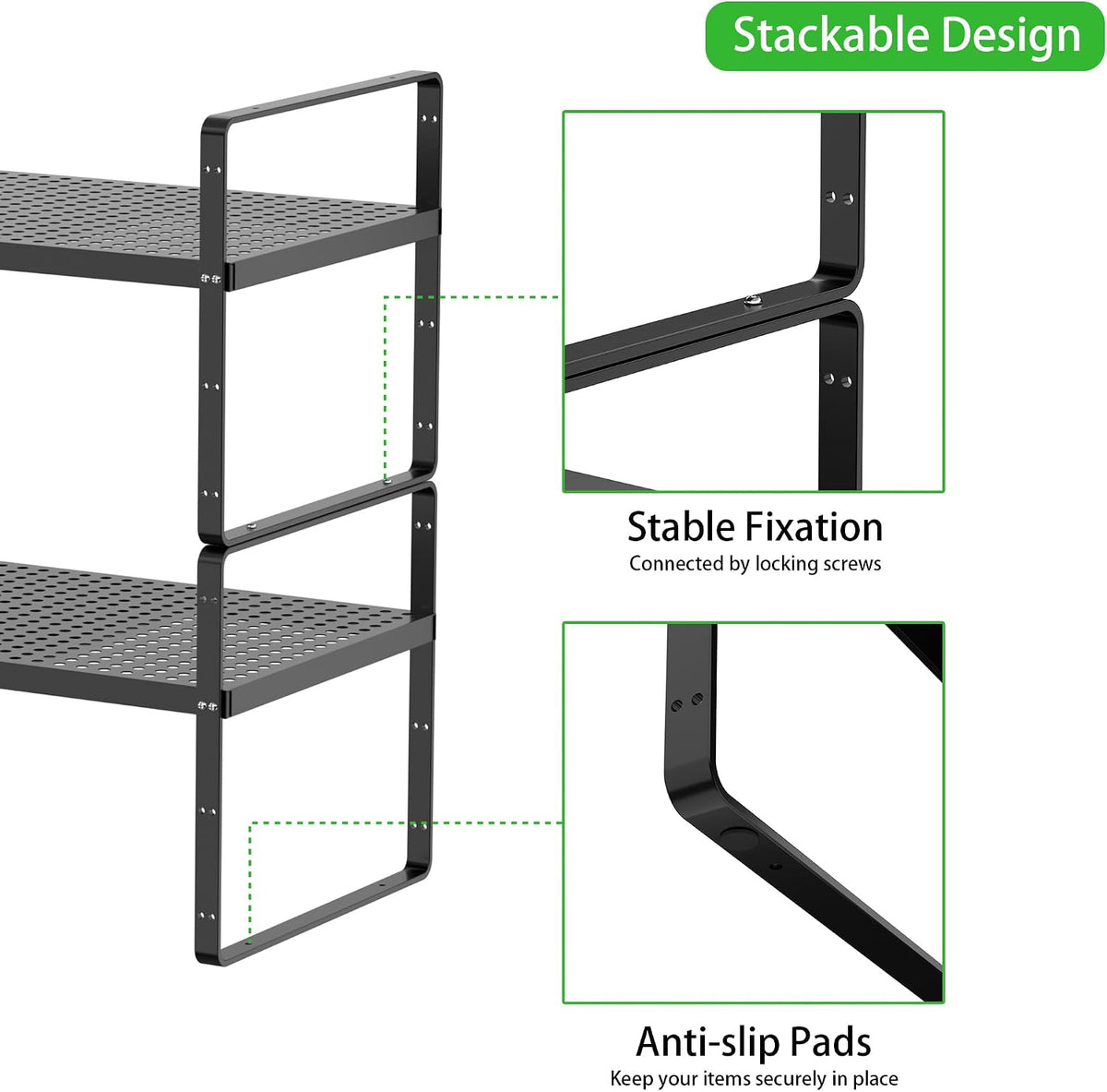 Expandable Storage Shelf, Stackable Organizer Rack, Black Small 2 PK