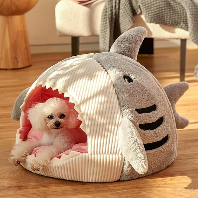 Shark Cat House, Shark Shaped Kennel, Kitten Bed Hideout House, Covered Shark Head Shaped Indoor Pet Nest for Cat, Small Dogs (Grey, M(17 * 16 * 12.6 in))