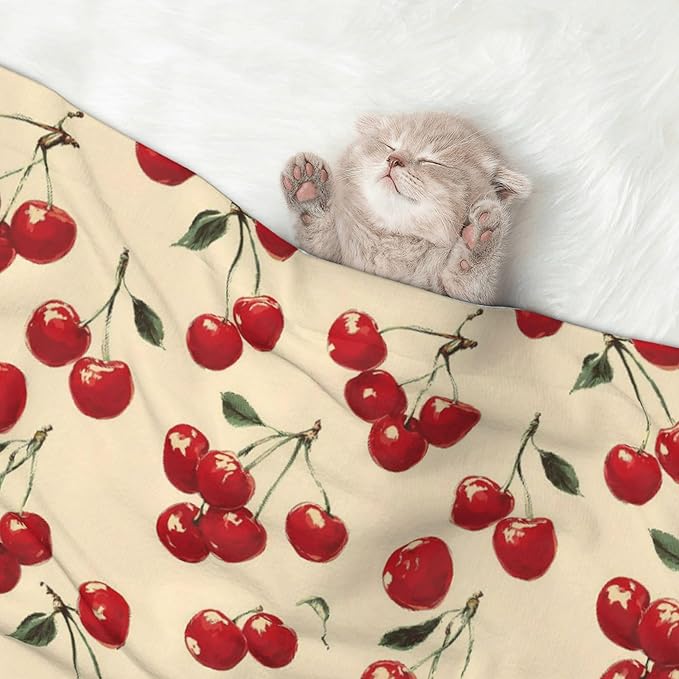Waterproof Dog Blanket Soft Pet Blanket for Puppy Cat, Fleece Cat Throw Blankets for Furniture Bed Couch Sofa Reversible - Red Cherries 3