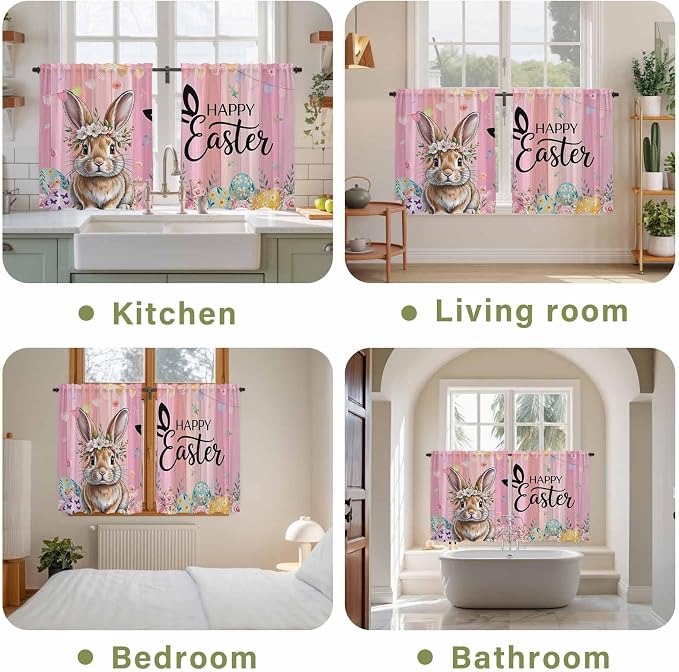 Easter Kitchen Curtains, Spring Rabbit Eggs Flowers Flags Leaves Wood Grain