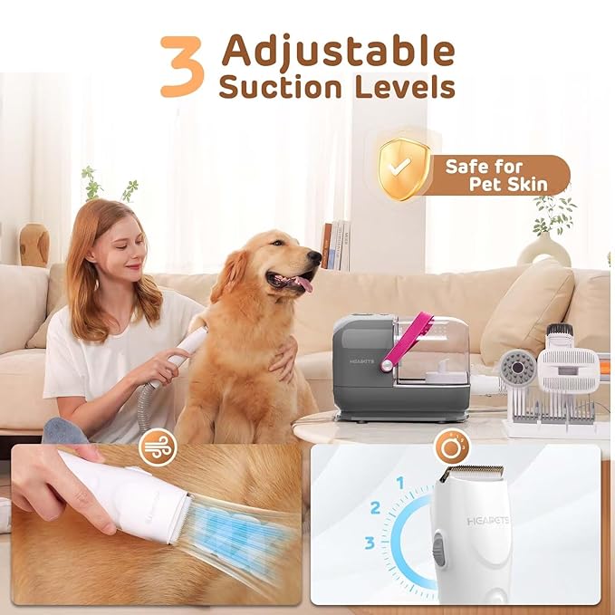 Dog Grooming Vacuum Kit - 3L Vacuum with 7 Tools, Low Noise Electric Clipper and Brush for Pet Shedding at Home, Gray