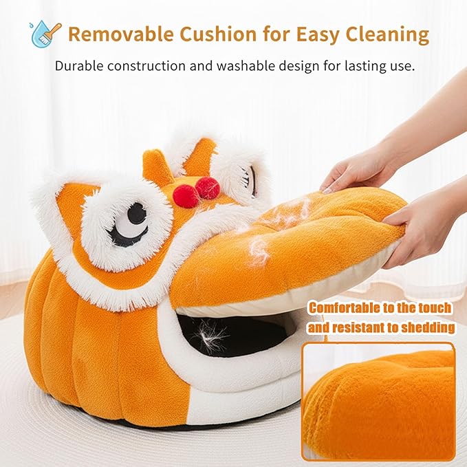 Cute Lion Head Pet Beds for Cats, Chinese Lion Dance Lion Cats Bed, Soft Cozy Plush Cat House & Dog Cave with Cushion for Small Medium Cats Dogs (Coffee,M)