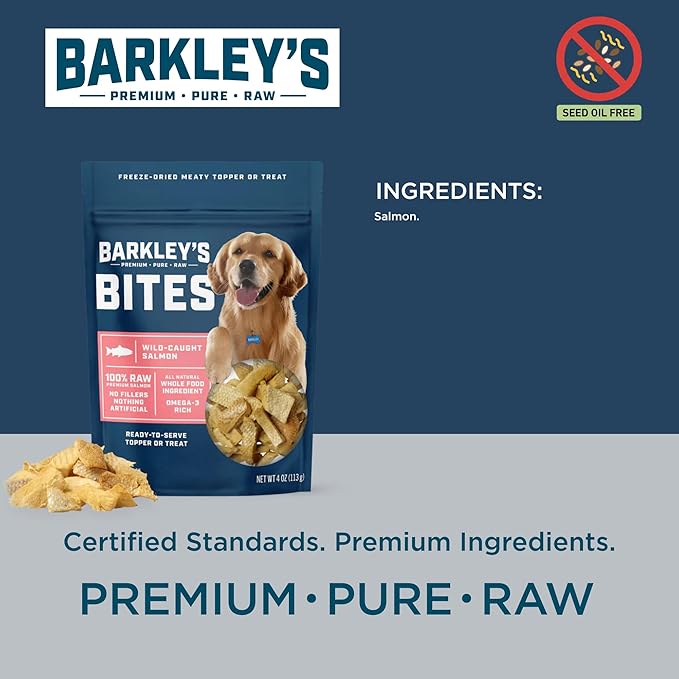 Barkley’s Bag Salmon Bites, Freeze Dried Dog Treats and Food Topper, Made with Wild-Caught Salmon, Bite-Sized Whole Pieces for Training Rewards, for All Dog Breeds, Ages & Sizes, 4 Oz Bag (3 Pack)