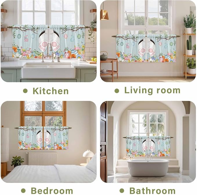 Easter Bunny Kitchen Tier Curtains 36 Inch Long 2 Panel Set, Rod Pocket Half