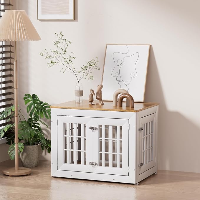 32" Heavy Duty Dog Crate Furniture for Small,Medium and Large Dogs,Rustic Wooden Dog Cage Kennel Indoor Furniture with Waterproof Top,Decorative Pet House Side End Table (White & Wood)