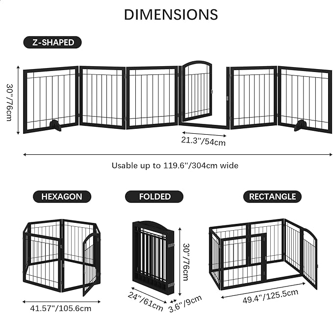 JSB 144-inch Extra Wide 30-inch Tall Dog gate with Door Walk Through, Freestanding Pet Gate for Halls, Stairs & Home, Pet Puppy Safety Dog Fence with 2PCS Support Feet (Black)