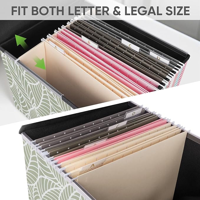 BALEINE File Organizer Box with Lid, Collapsible File Folder Organizer with Plastic Slide, Hanging File Folder Box for Office Document Storage (2 Pack, Antique Foliage)
