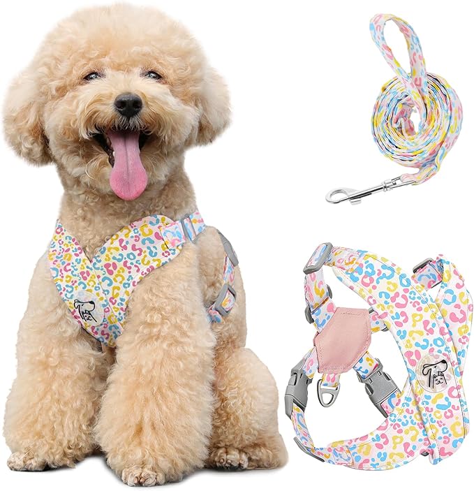 Pawaboo Small Dog Harness and Leash Set, Puppy Harness X-Frame No Pull No Choke, Dog Vest Harnesses Adjustable for Small Medium Sized Dogs,Soft Breathable Pet Harnesses, M, Colorful Leopard