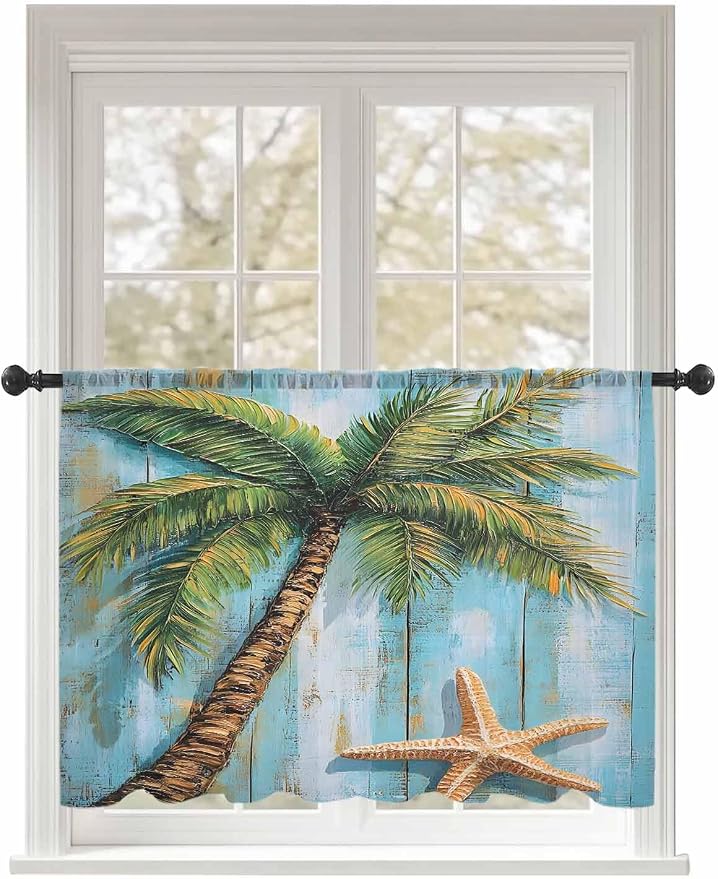 Sheer Curtains 54 Inch Length, Coastal Beach Tree Semi Sheer Curtains Light