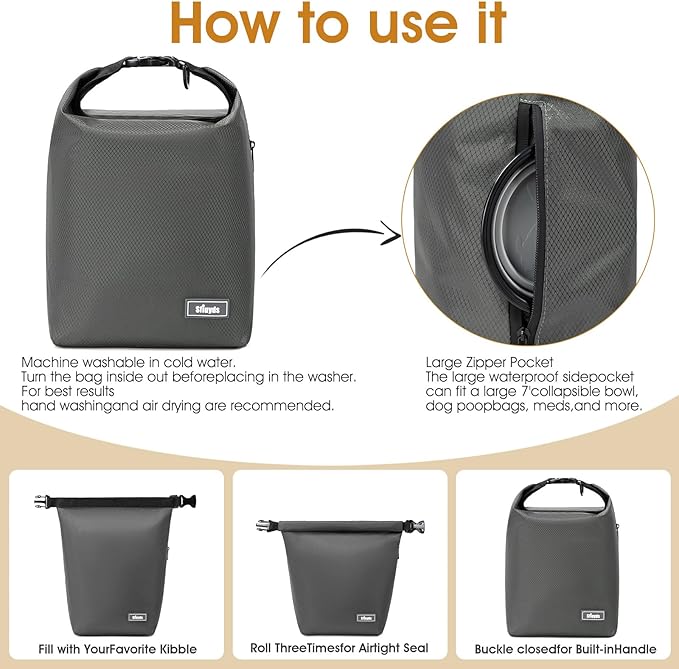 Waterproof Pet Food Storage Bag,Dog Food Container 12 lb w/2PCS Collapsible Dog Travel Bowls and Zipper Side Pocket(Gray, Small)