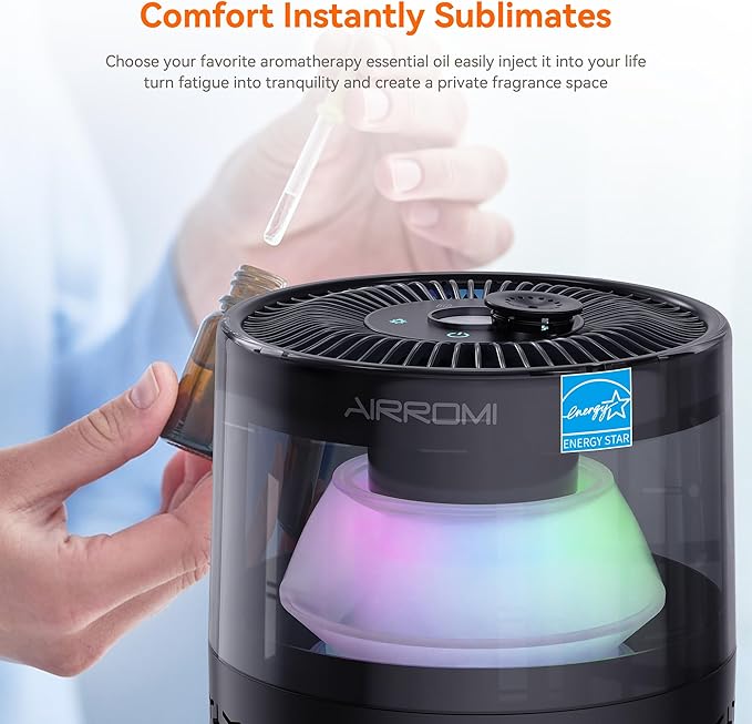 AIRROMI Pet Air Purifier for Home & Bedroom, HEPA Activated Carbon Filter, Removes Pet Dander & Odor, Allergies, Smoke, Hair, Night Light, Fragrance Sponge, Up to 658 ft², A2002 Black