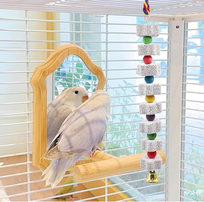 2 Pack Mineral Block Chicken Chewing Toy, KABASI Bird Beak Grinding Calcium Stone with Bells, Chicken Coop Accessories for African Grey, Budgies Cockatiels Parrot Hens Geese Ducks Hamster Rabbit